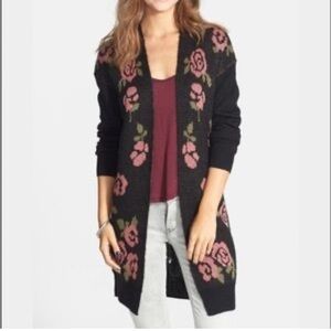 FRENCHI NORDSTROM Black Wool Blend Floral Open Cardigan